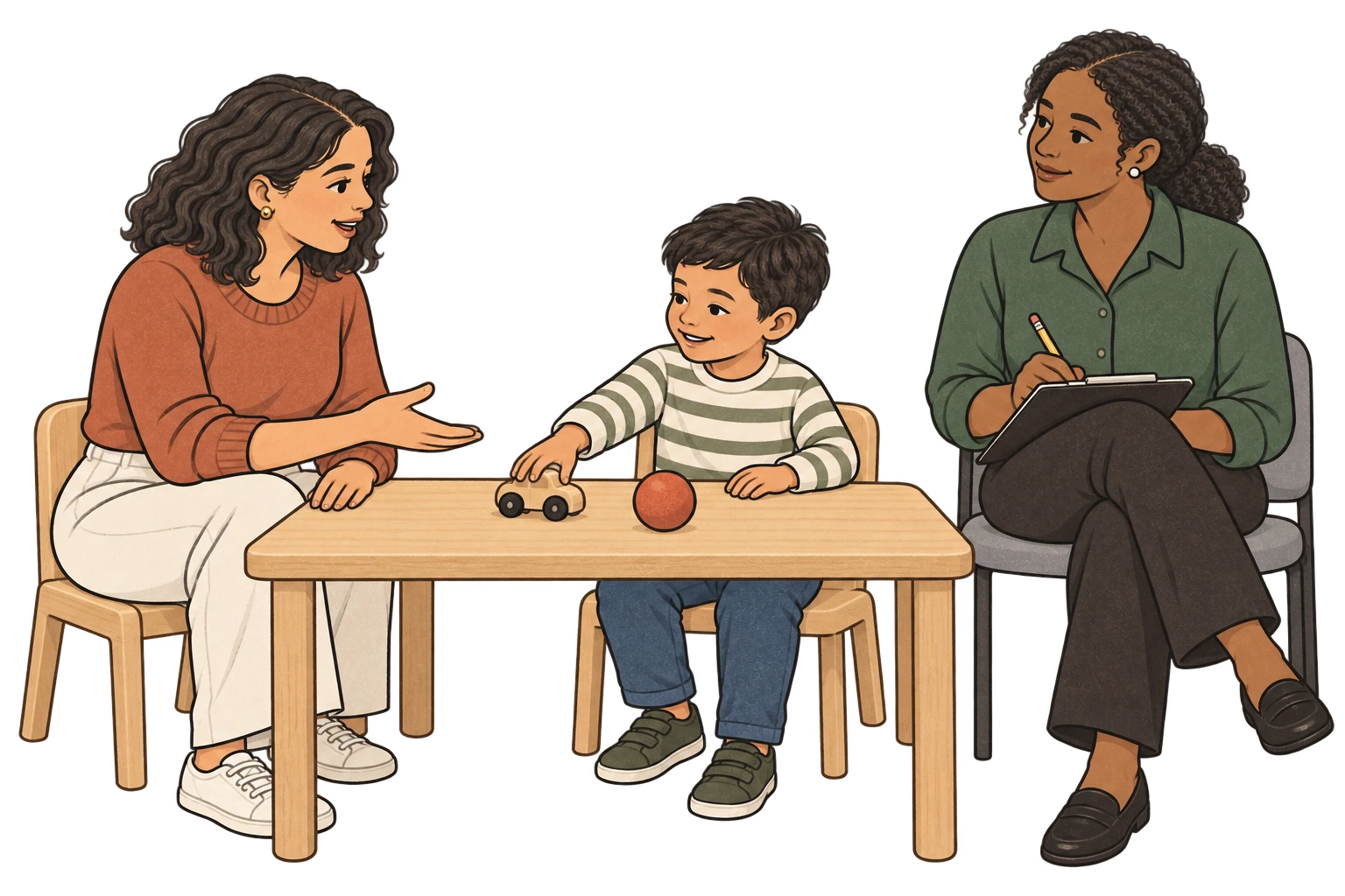 Illustration of a candidate demonstrating a preference-assessment task with a client while an assessor observes and records notes