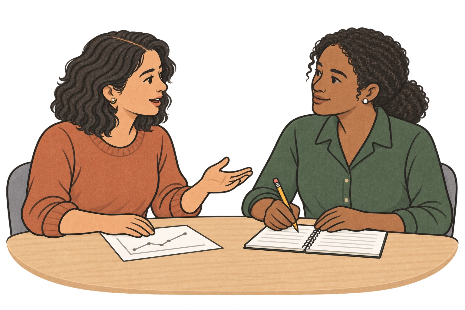 Illustration of a candidate discussing a data graph with an assessor