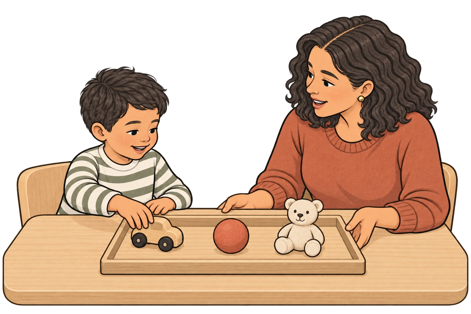 Child reaches for one of three toys on a tray presented by the candidate