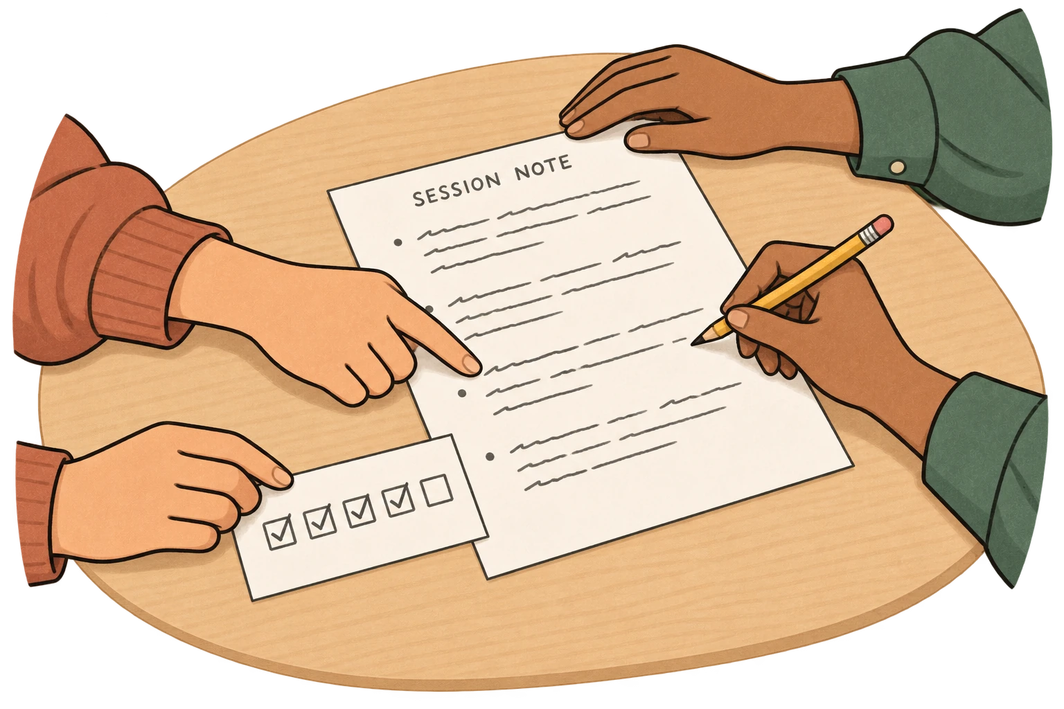Candidate and assessor compare a session note with a five-trial observation record