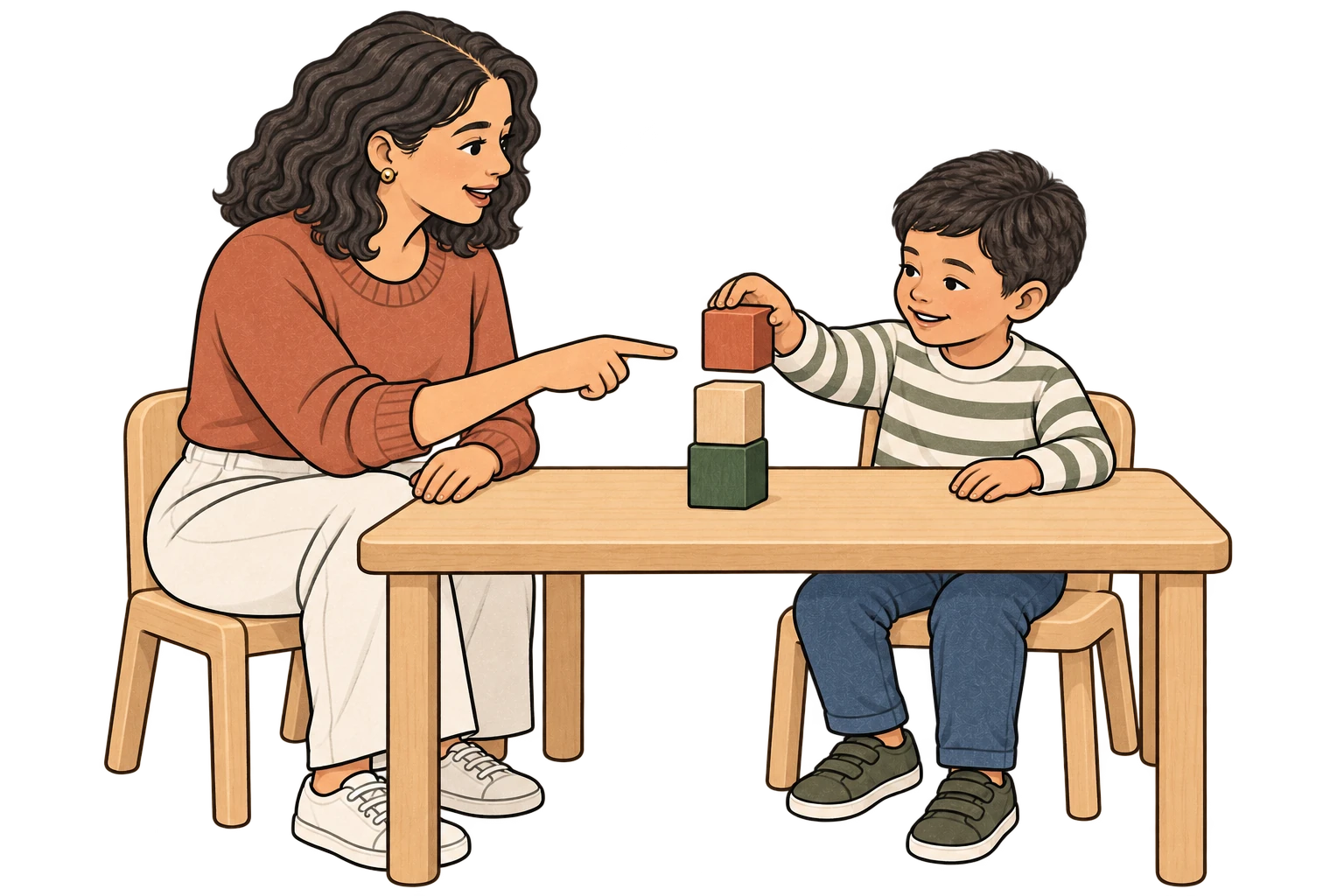 Candidate points to a stacking task while a child places a block