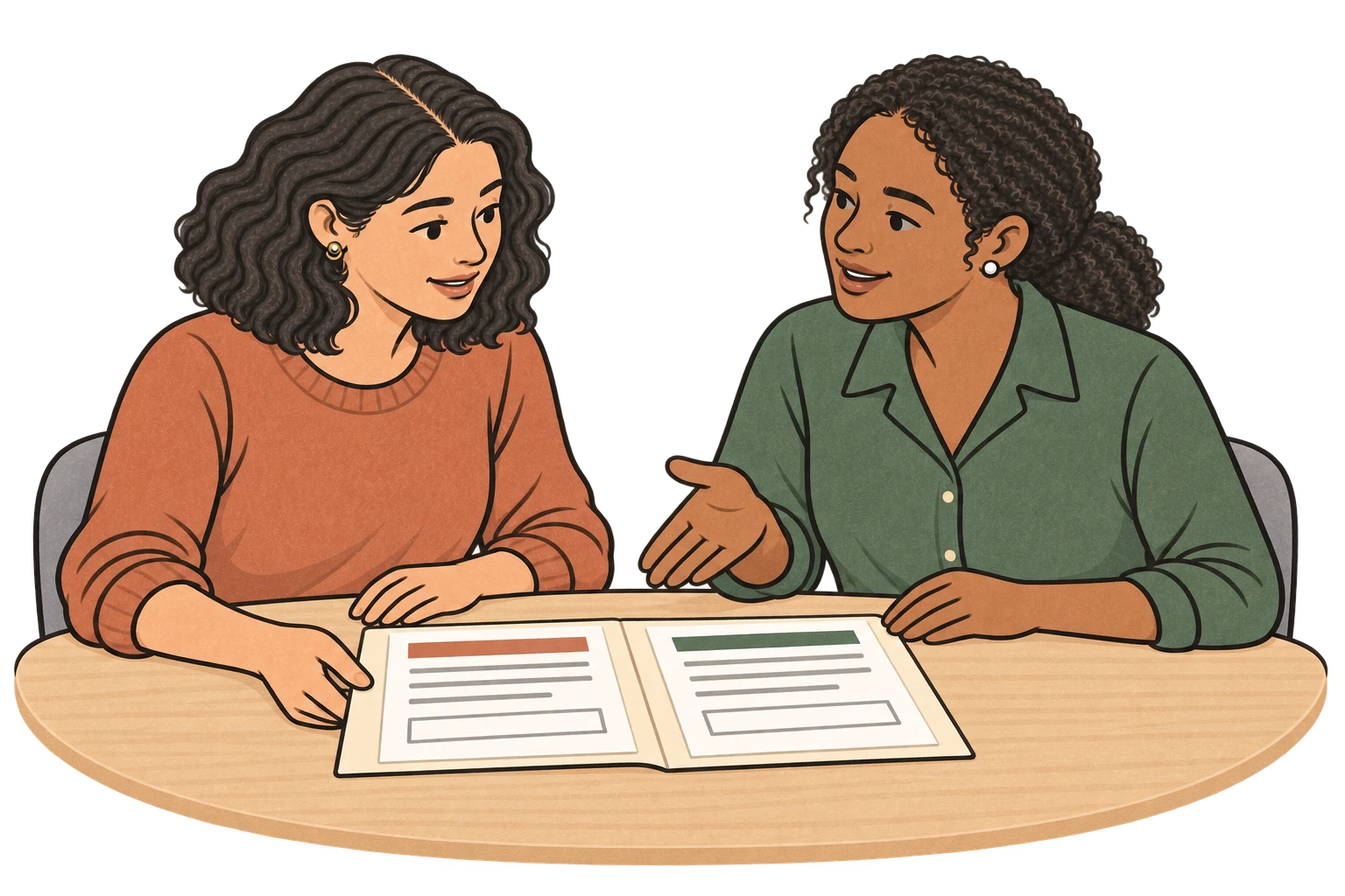 Illustration of a candidate and assessor reviewing the competency assessment and attestation forms
