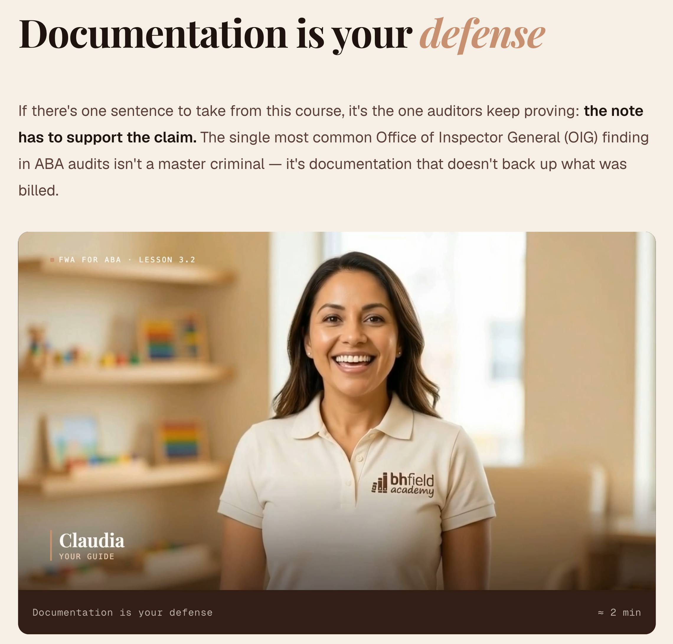 Demo FWA for ABA lesson with lesson text and the complete Claudia presenter video.
