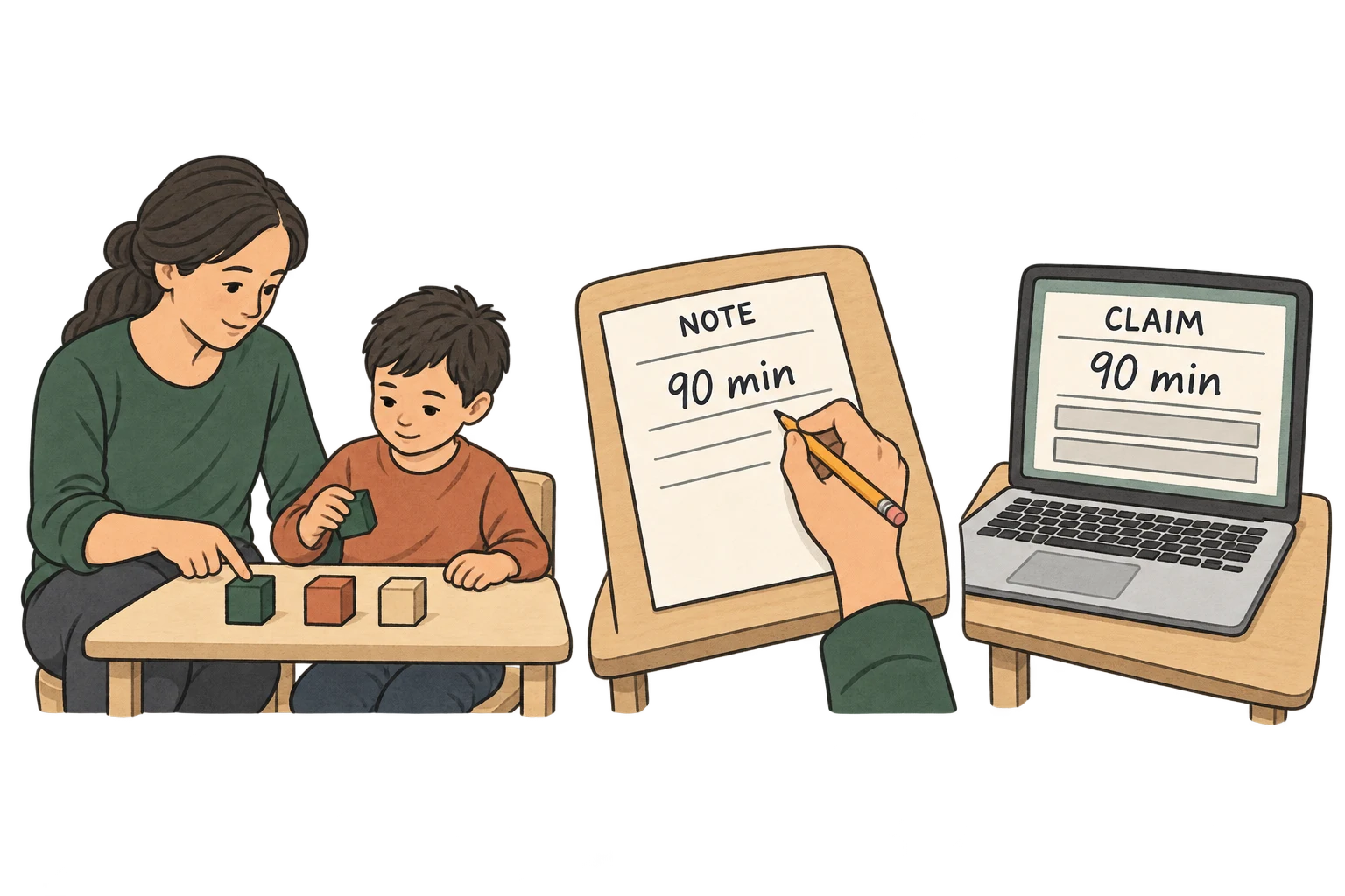 Three illustrated scenes show a learning activity, a session note recording 90 minutes, and a claim with the same duration.