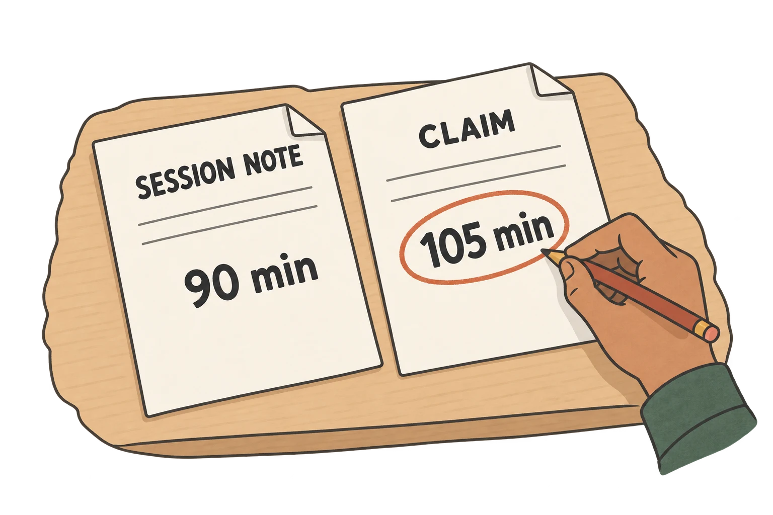 A pencil marks a 105-minute claim beside a session note recording 90 minutes.
