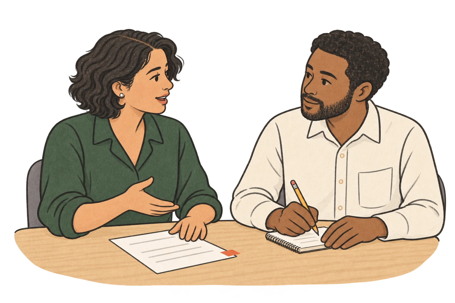 A professional discusses a flagged record with a supervisor who listens and documents the concern.