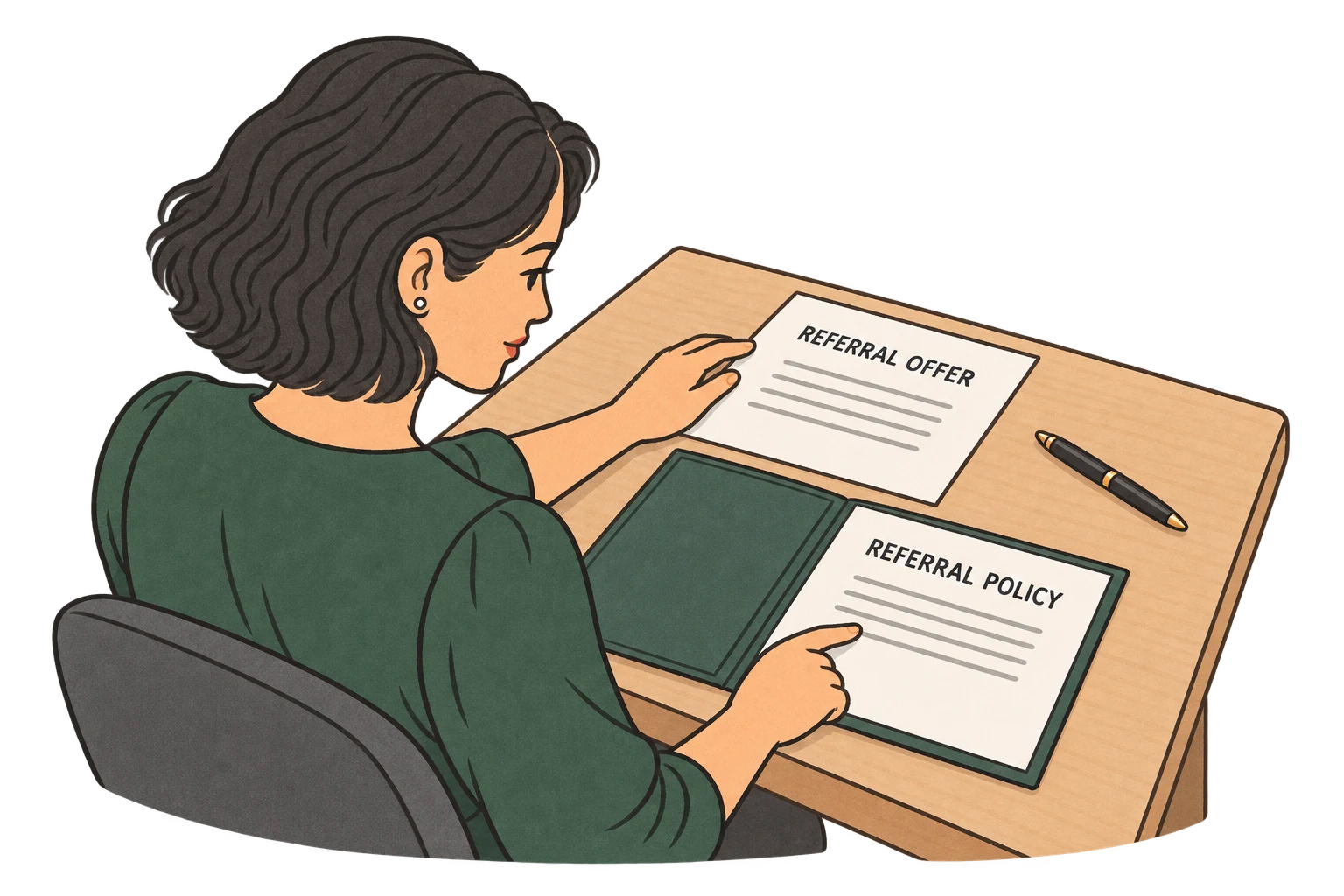 A professional compares a referral offer with a referral policy before signing.