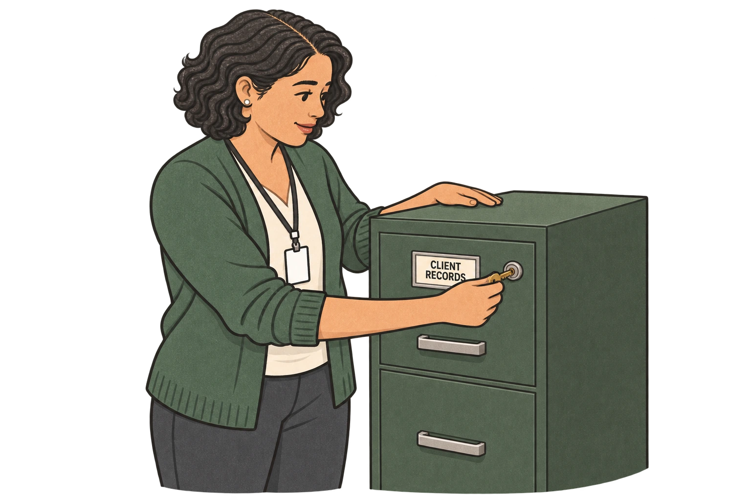 A clinic employee turns a key to lock a filing cabinet labeled Client Records.