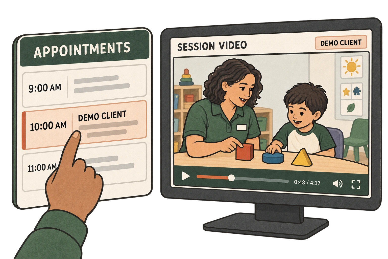 A fictional client appears on a staff appointment schedule and in an identifiable therapy-session recording.