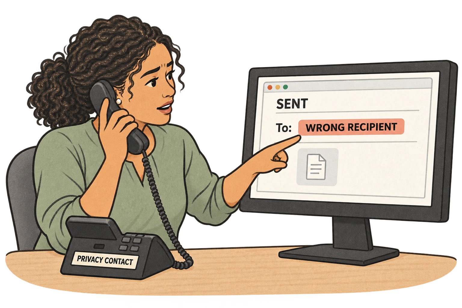 A staff member identifies the wrong recipient on a sent message and phones the privacy contact to report it.