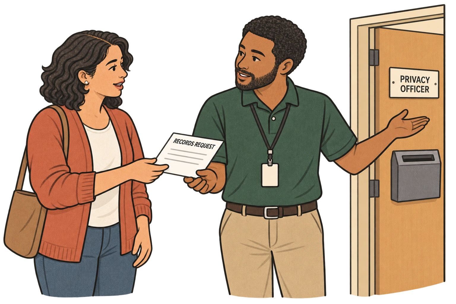 A parent hands a records request to a staff member, who directs it to the Privacy Officer office.