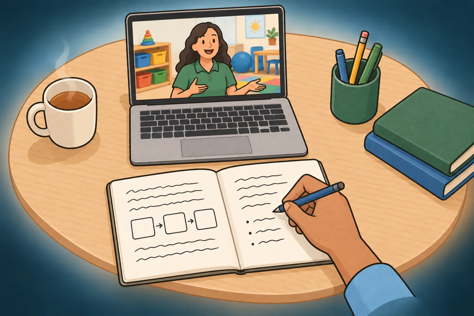 A learner takes notes in a notebook while a video lesson plays on a laptop.