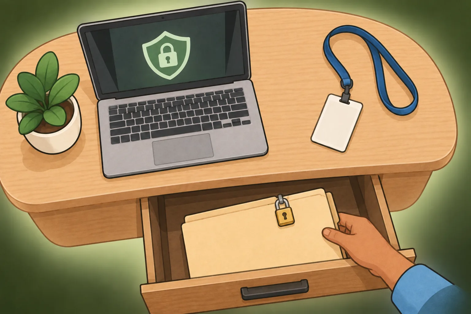 A laptop shows a lock shield while a locked folder is put away in a desk drawer.