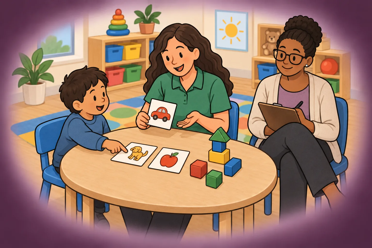 A technician shows picture cards to a child at a table while an assessor takes notes.