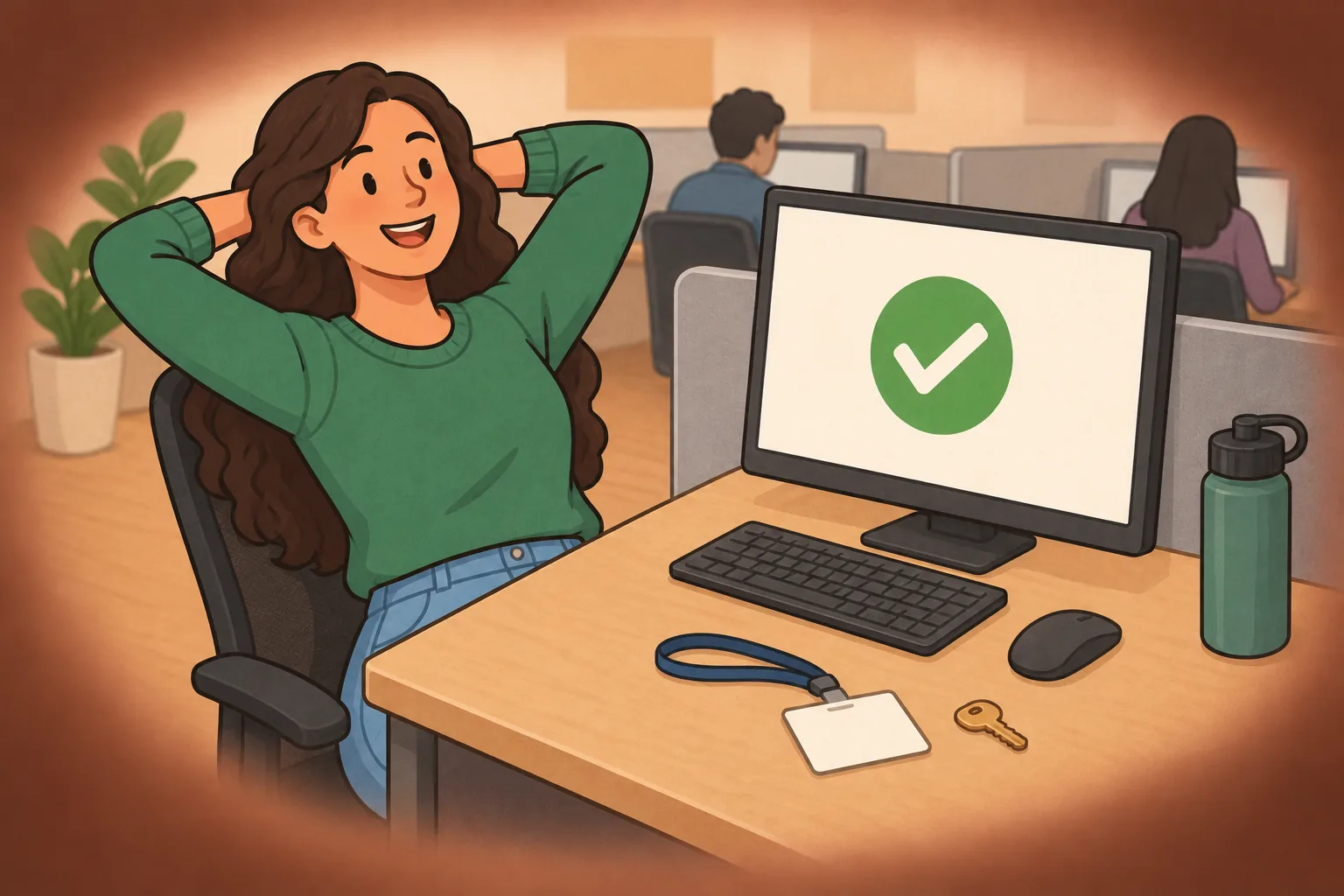 A relieved learner leans back at a test center computer that shows a check mark.