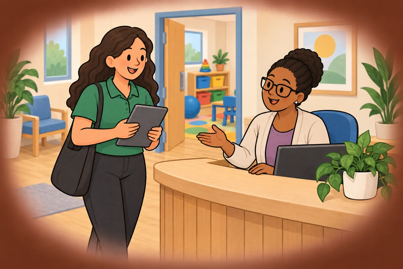 A learner with a tablet talks with a colleague at a front desk.