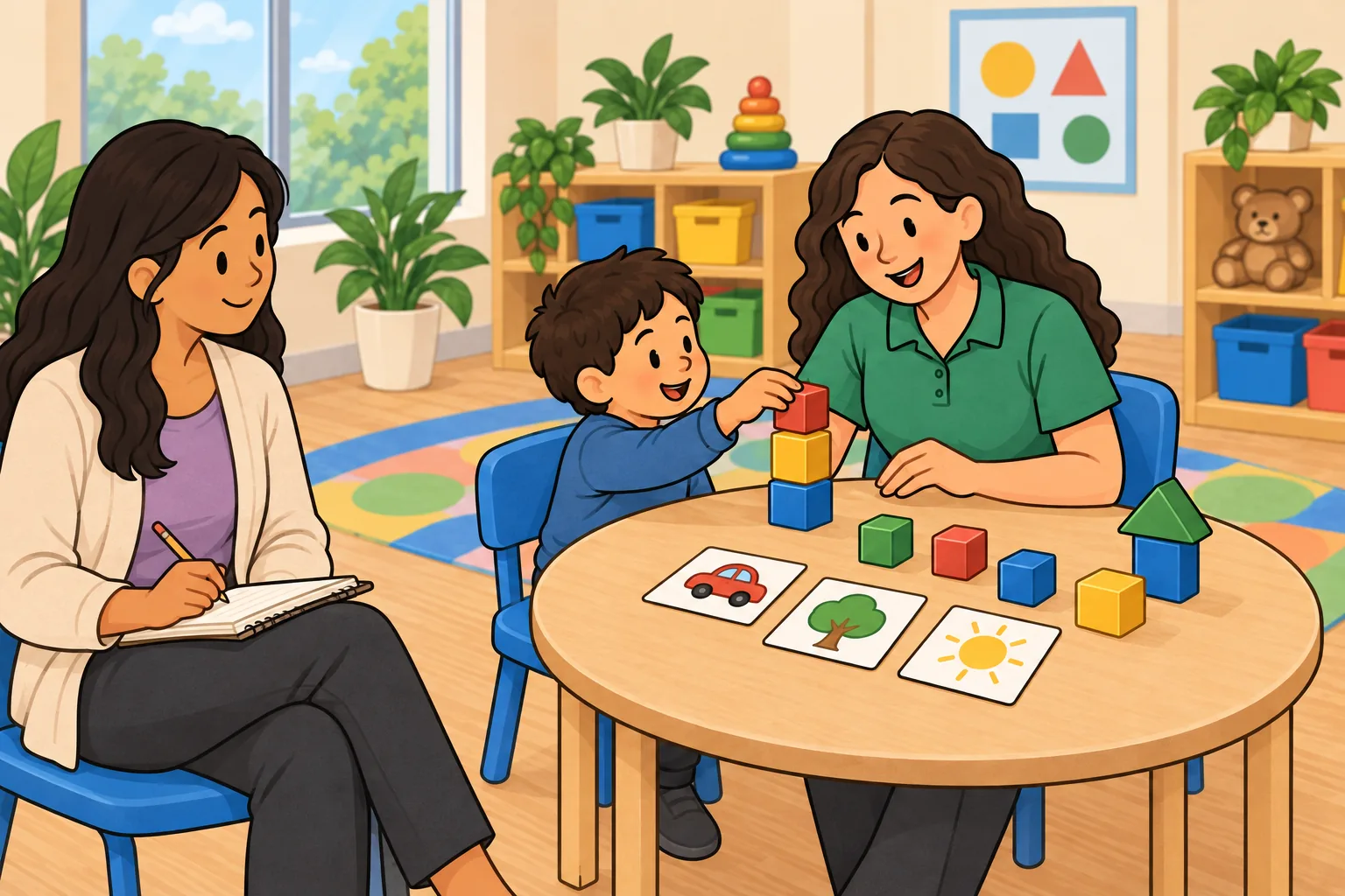 A learner watches from a chair while an RBT works with a child at a small table in a therapy room.