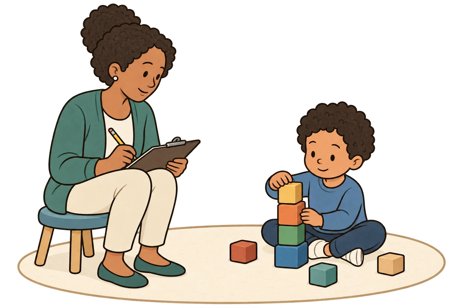 A technician records observations while a fictional learner plays with blocks.
