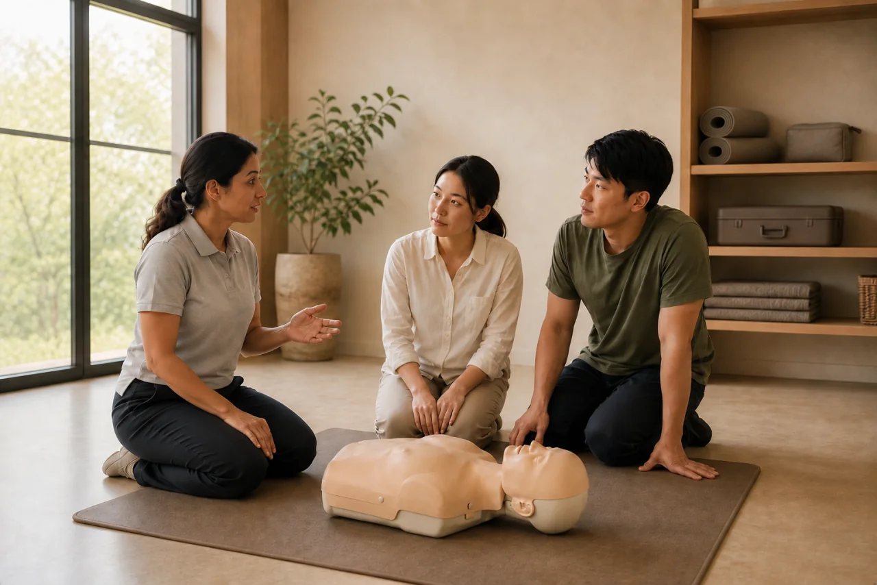 Illustration of an adult instructor and two adult learners practicing around CPR training equipment.