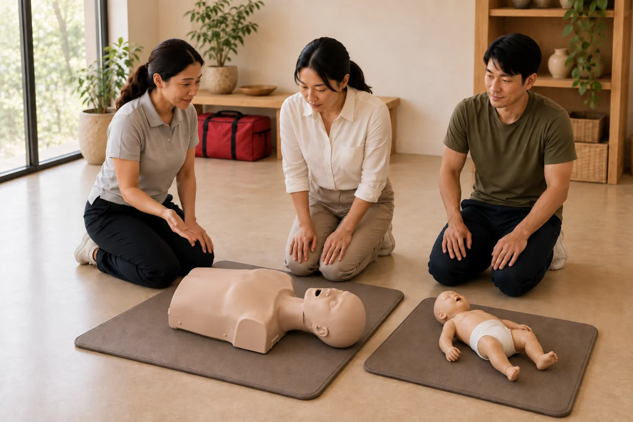 Illustration of an instructor and two adult learners preparing beside adult and infant CPR training manikins.