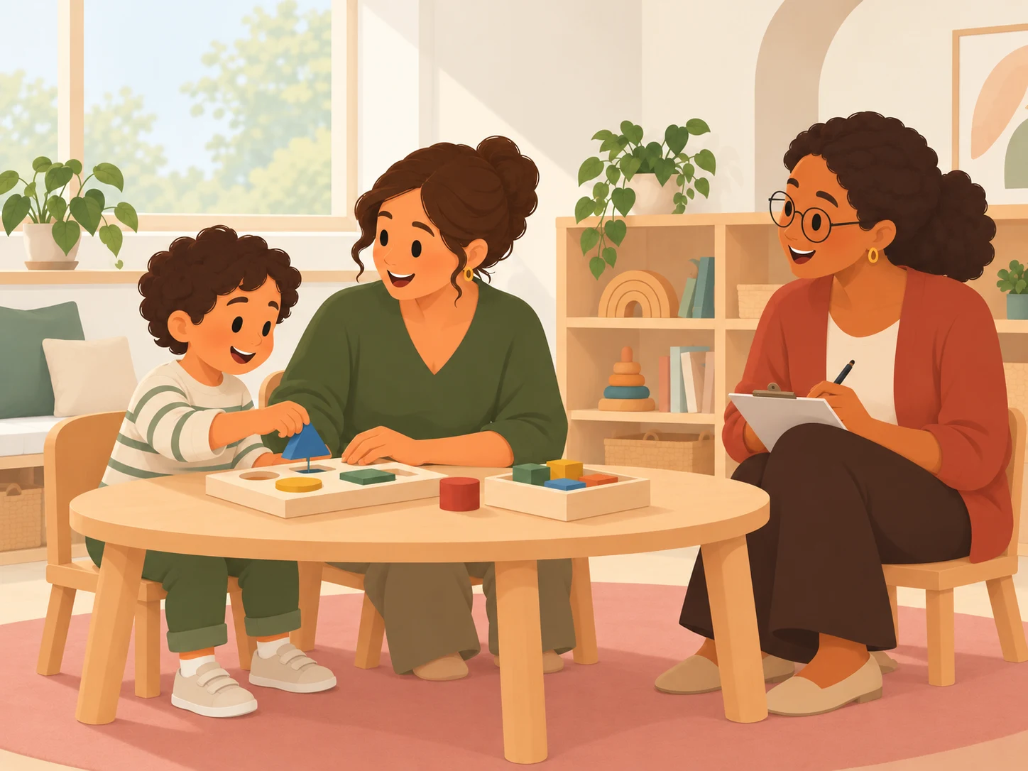 Illustration of two adults supporting a child’s play with wooden shapes.