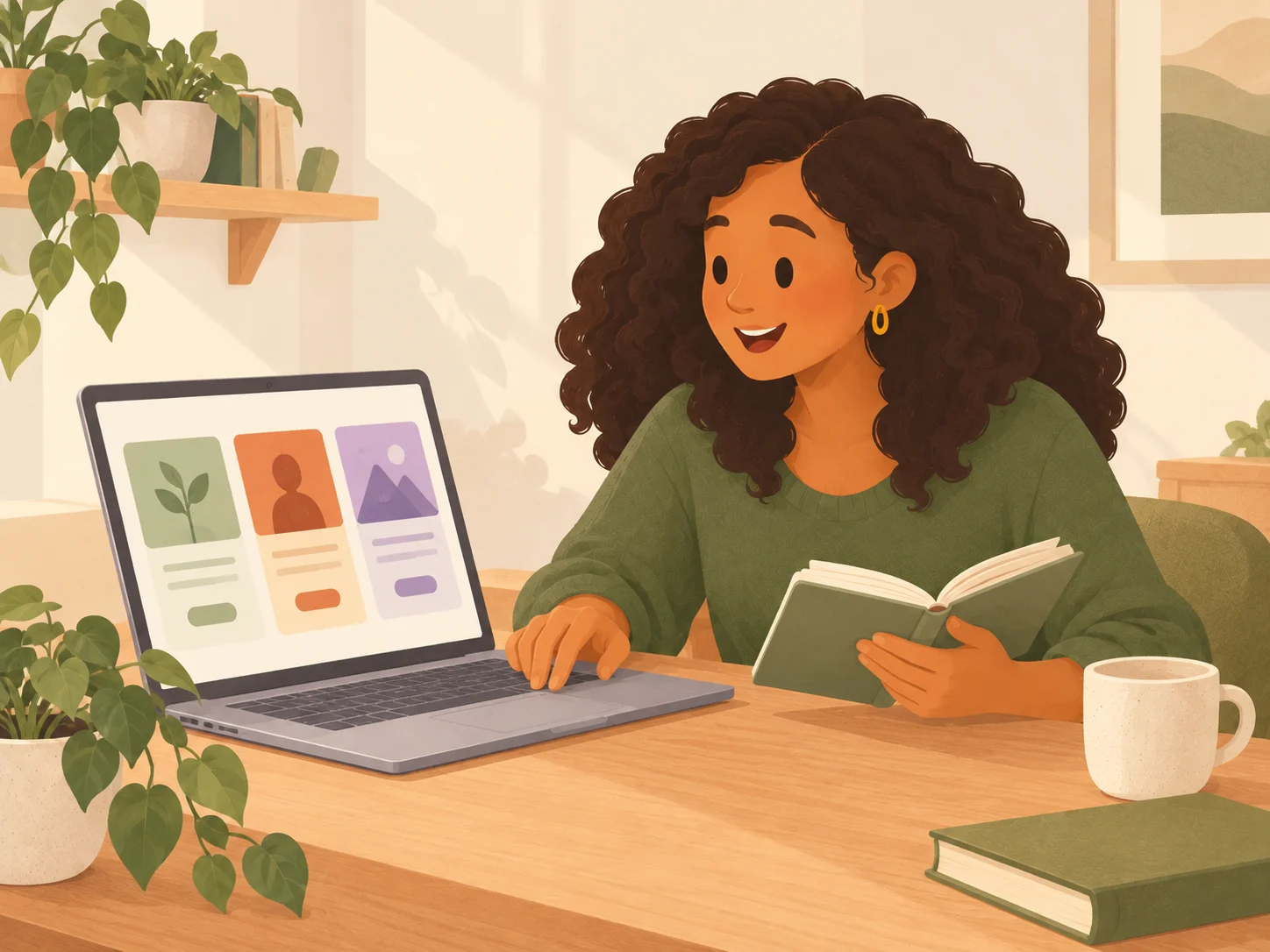 Illustration of an adult learner choosing a course at a desk with a laptop and notebook.