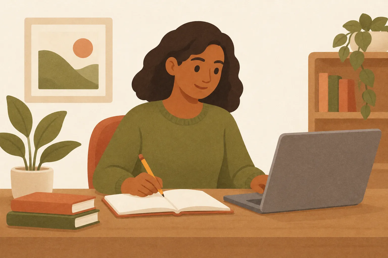 An adult learner studying at a desk with a laptop and notebook.